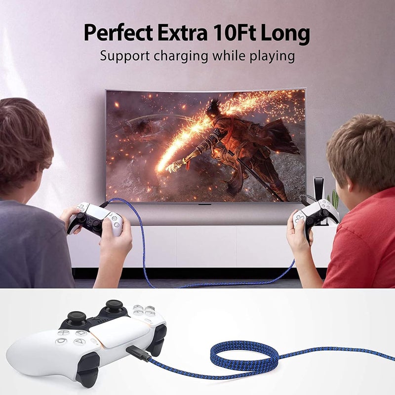 ELECDON PS5 Controller Charger Cable Nylon Braided USB Type-C High-Speed Sync Charging Cord Compatible for Switch Pro/Nintendo Switch, Xbox Series X/S Controller, Cellphone, Laptop 2 Pcs 3M（Black &Blue） - Image 3