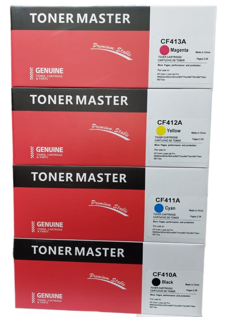 TONER MASTER Compatible Toner Cartridge 410A Full Set for HP 410A CF410A CF411A CF412A CF413A for Laserjet Pro MFP M477FNW M477FDW M452NW M452DW M452DN M477FDN Black Cyan Yellow Magenta 4Pack - Image 1