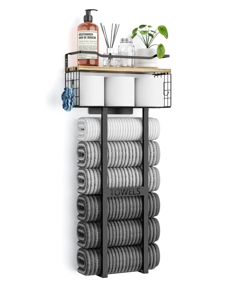 Aetyord Towel Racks for Bathroom Wall Mounted Metal Rack with Wood Plank Bathroom Storage Organizer Towel Holder Stores 6 Large Rolled Towels Easily Black with Wood Plank - Image 2