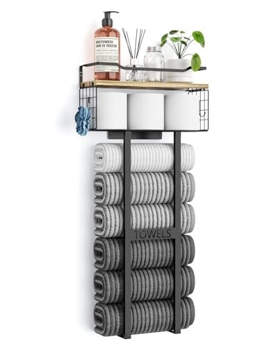 Aetyord Towel Racks for Bathroom Wall Mounted Metal Rack with Wood Plank Bathroom Storage Organizer Towel Holder Stores 6 Large Rolled Towels Easily Black with Wood Plank - Image 1