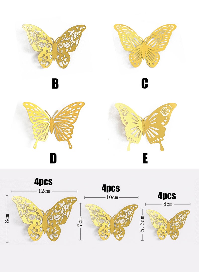 48Piece Hollow-Out 3D Butterfly Stickers Wall Decal Set Gold 4 Styles 3 Sizes Removable Wall Sticker Room Mural Decals for Kids Bedroom Nursery Classroom Party Cake Decoration Wedding Decor DIY Gift - Image 1
