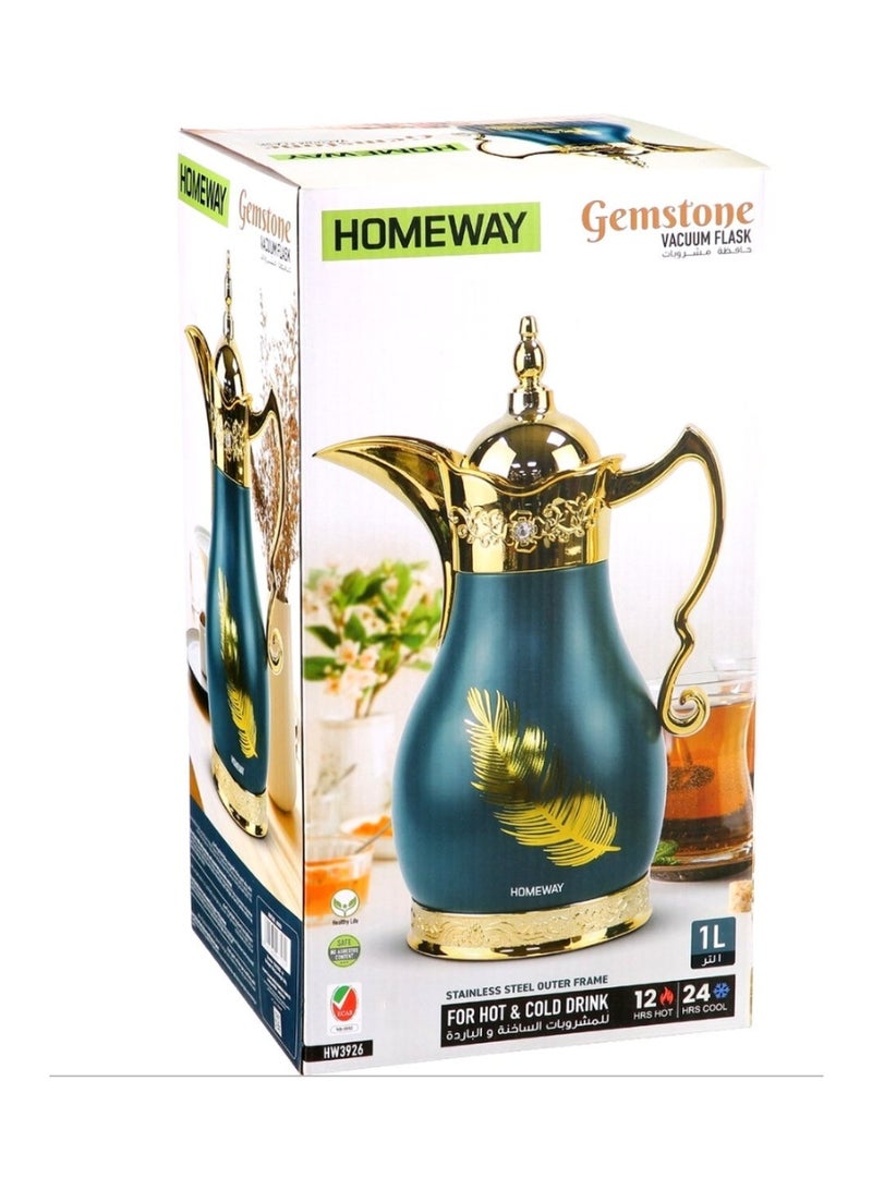 Homeway SS Arabic Vacuum Flask 1L Vacuum Insulated Coffee & Tea Server Traditional Arabic Dallah Style Flask HW3926 Green Gold - Image 2