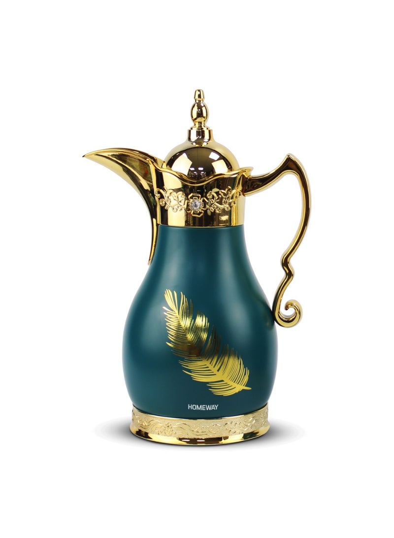 Homeway SS Arabic Vacuum Flask 1L Vacuum Insulated Coffee & Tea Server Traditional Arabic Dallah Style Flask HW3926 Green Gold - Image 1