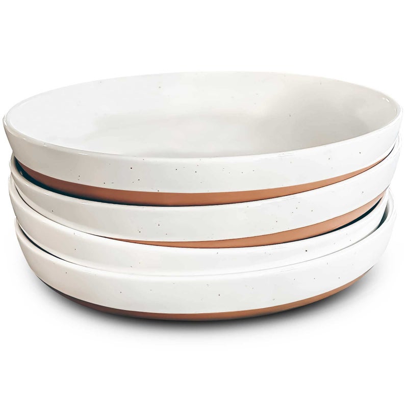 Mora Ceramic Flat Pasta Bowl Set of 4-35oz  Microwave Safe Plate with High Edge - Modern Porcelain Dinnerware for Kitchen and Eating  Large Wide Bowls/Plates for Serving Dinner  Salad  etc- Vanilla - Image 1