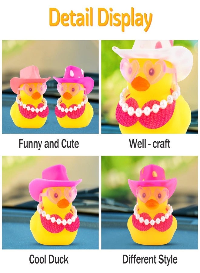 wonuu Car Decorations Bikini Cowboy Rubber Ducks, Dashboard Rubber Ducky for Gag Car Ornament Cute Duck with Cowboy Hat, Glasses, Pearl, Pink Gold - Image 4