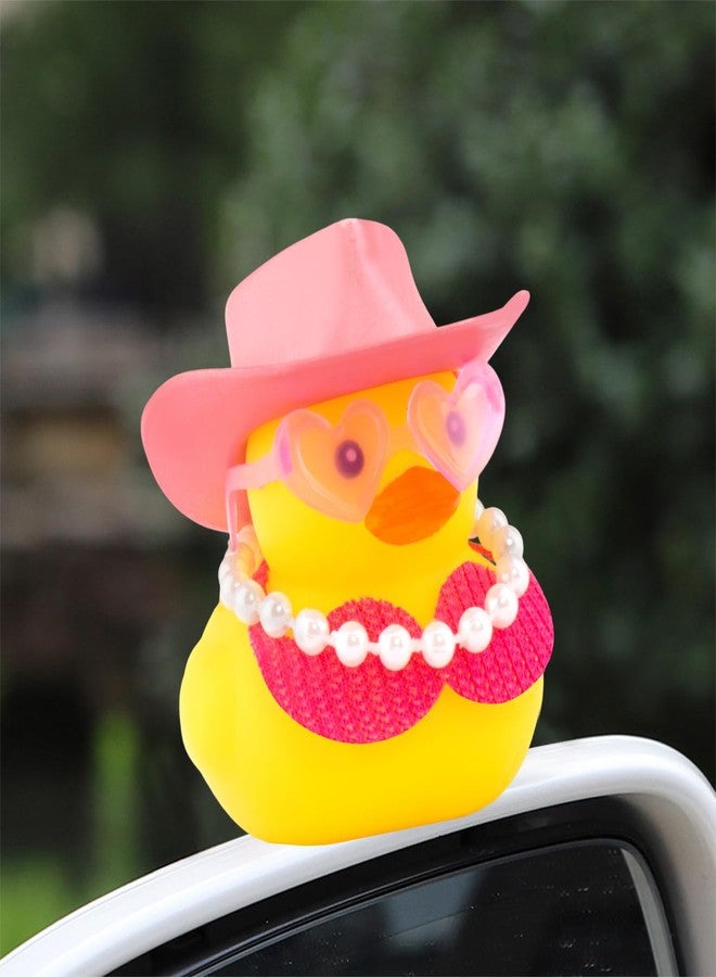 wonuu Car Decorations Bikini Cowboy Rubber Ducks, Dashboard Rubber Ducky for Gag Car Ornament Cute Duck with Cowboy Hat, Glasses, Pearl, Pink Gold - Image 2