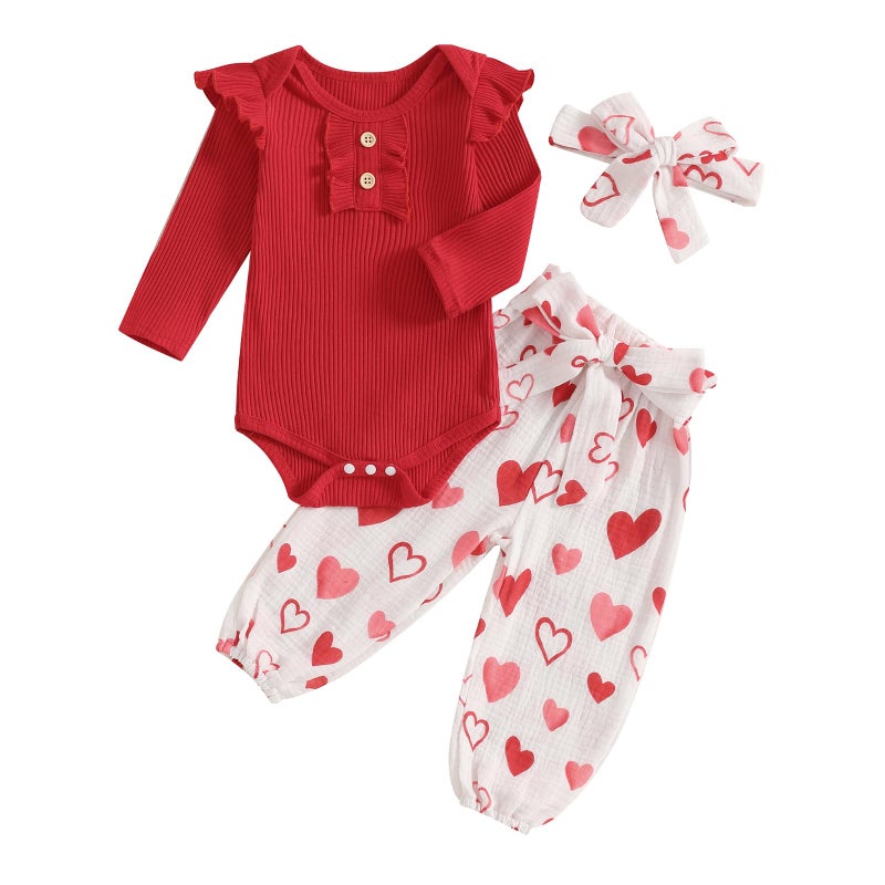 Rtnnsbbfcm Newborn Baby Girl Valentine's Day Outfit Long Sleeve Ribbed Romper Heart Print Pants Headband 3Pcs Set (Red, 12-18 Months) - Image 1