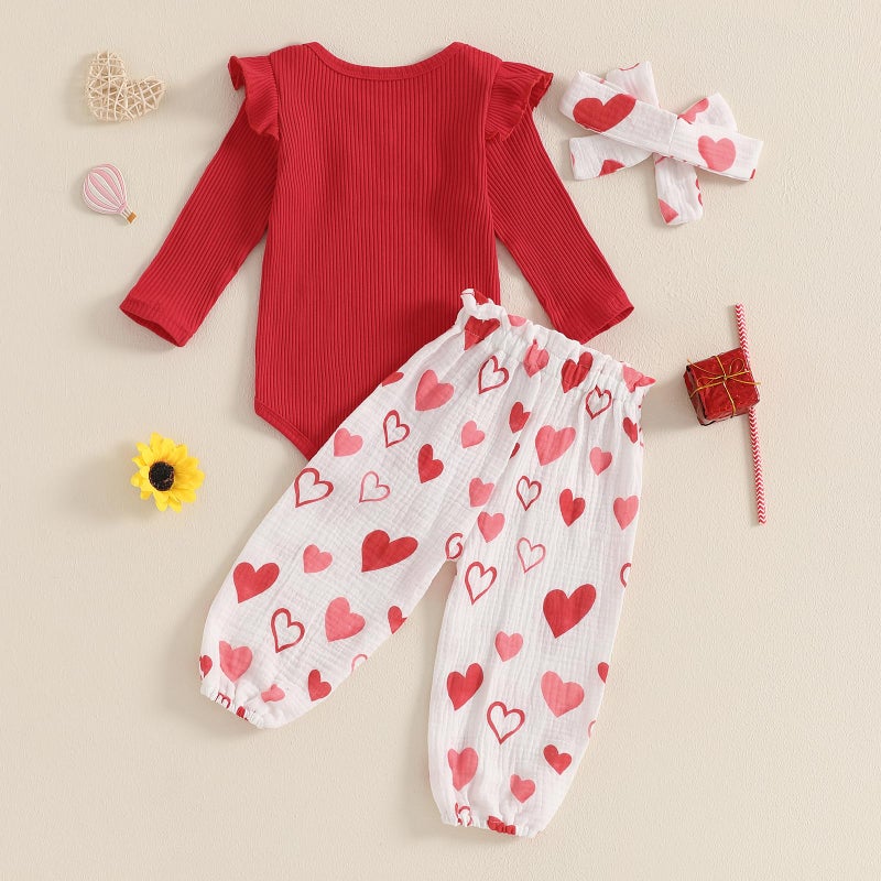 Rtnnsbbfcm Newborn Baby Girl Valentine's Day Outfit Long Sleeve Ribbed Romper Heart Print Pants Headband 3Pcs Set (Red, 12-18 Months) - Image 3