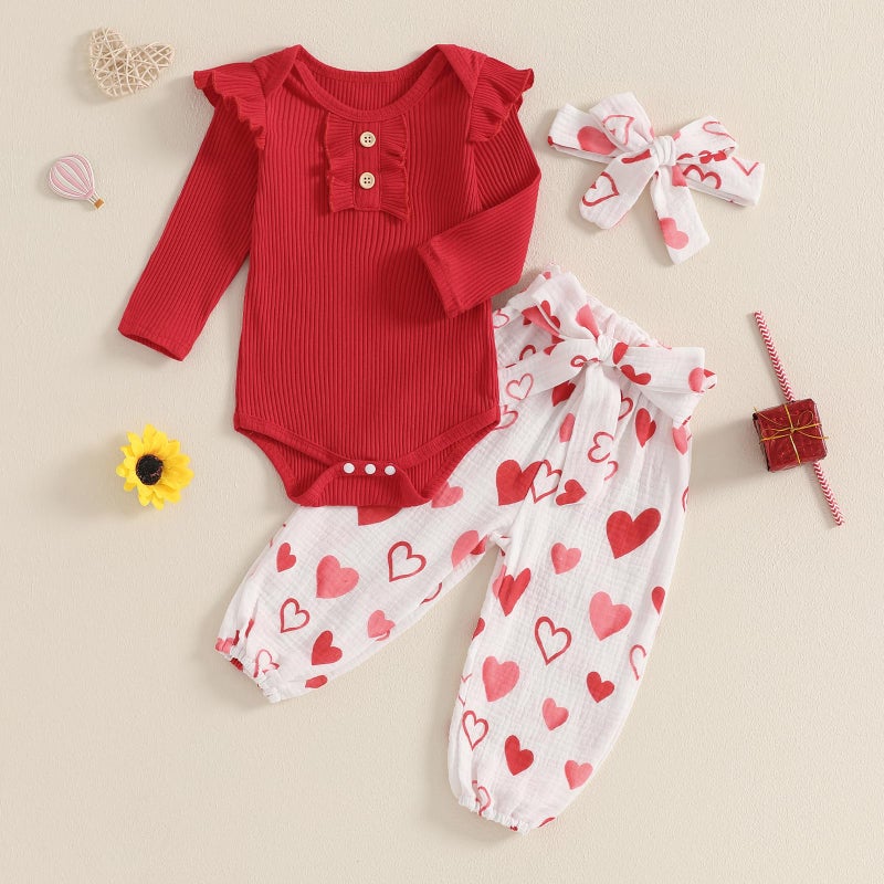 Rtnnsbbfcm Newborn Baby Girl Valentine's Day Outfit Long Sleeve Ribbed Romper Heart Print Pants Headband 3Pcs Set (Red, 12-18 Months) - Image 2