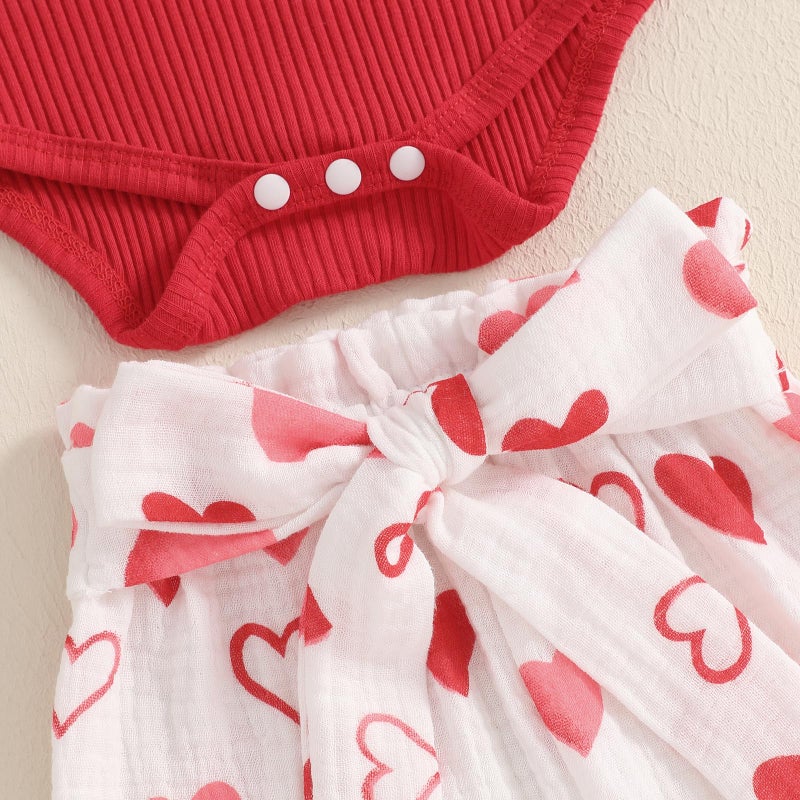 Rtnnsbbfcm Newborn Baby Girl Valentine's Day Outfit Long Sleeve Ribbed Romper Heart Print Pants Headband 3Pcs Set (Red, 12-18 Months) - Image 5