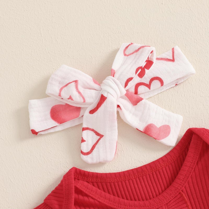 Rtnnsbbfcm Newborn Baby Girl Valentine's Day Outfit Long Sleeve Ribbed Romper Heart Print Pants Headband 3Pcs Set (Red, 12-18 Months) - Image 4