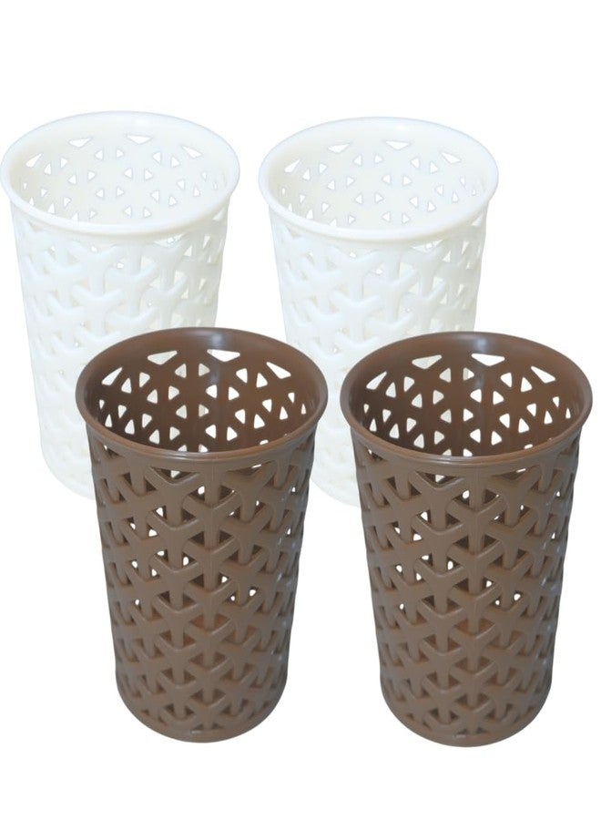 MORVI Linea Small Round Plastic Multipurpose Organizer For Kitchen, Bathroom, Salon, Office|Stationery,Cutlery,Pen,Makeup Brushes Holder|Hanging Toothbrush Stand |Pack Of 4 | WHITE BROWN - Image 1