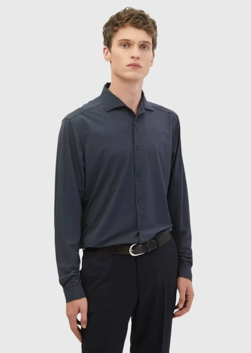 رامسي قميص رمادي سادة بقصة كاجوال محبوك