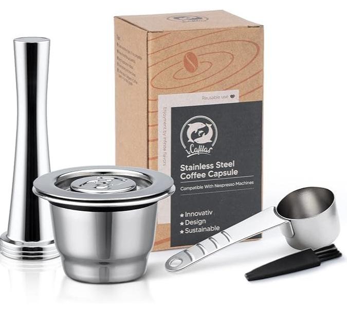 كبسولات قهوة اسبريسو قابلة لاعادة الملء من الستانلس ستيل، كبسولات قهوة قابلة لاعادة الاستخدام مع غطاء قابل لاعادة الاستخدام متوافقة مع ماكينات تحضير القهوة الأصلية نسبريسو 4 سنوات كريما الجيل الجديد - Image 1