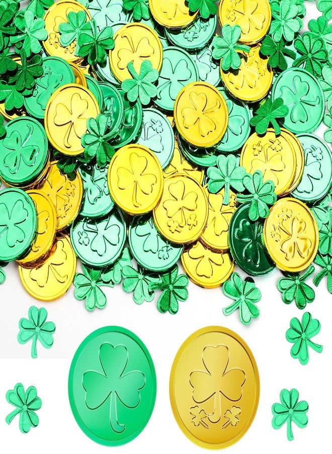 AUGSUN St. Patrick's Day Decorations Shamrock Coins, 60 Pieces Gold Green Good Lucky Coins Plastic Irish 3-Leaf Clover Leprechaun Coin for St Patricks Day Decorations Party Supplies Favors - Image 1