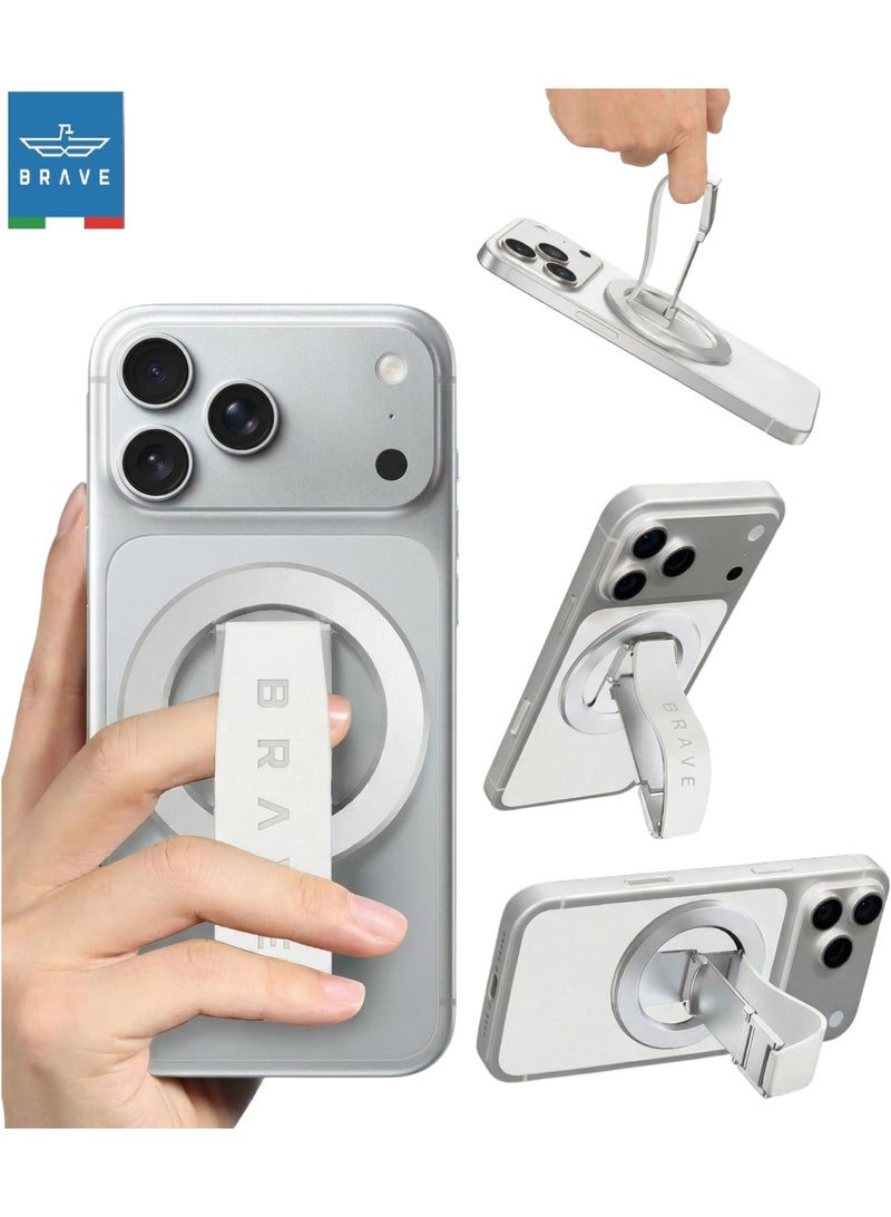 Brave 3-in-1 Magnetic Phone Grip & Kickstand – Strong Magnetic Grip, 360° Rotatable Finger Strap, N55 MagSafe Ring Holder, Removable Magnetic Base, Universal Mount for iPhone Air, iPhone 17 / 17 Pro / 17 Pro Max / 16 / 15 / 14 / 13 / 12, Samsung Galaxy S22 / S23 / S24 / S25 / S25 Ultra, All iOS & Android – Portable Desktop & Tablet Holder, Silver - Image 1