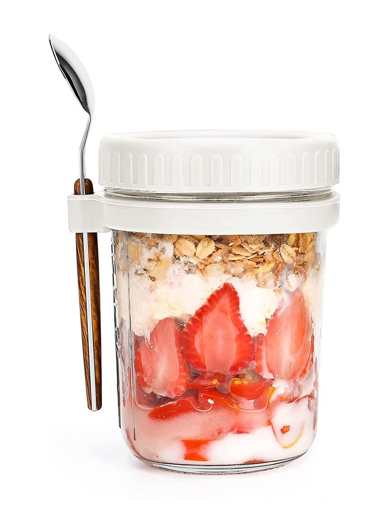 SYOSI Overnight Oats Jars, 10 oz Large Capacity with Measurement Marks Jars with Lid and Spoon Set,Good Idea for Cereal, Milk, Vegetable and fruit Salad 1 pcs white - Image 1