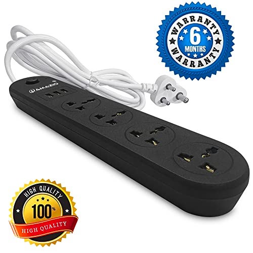 AMAZIO Extension Board with USB, 4 Universal Sockets & 3 Fast Charging USB Ports, 10A Power Strip with 1.9M Cord, Shock Proof & Fire Resistant Extension Board for Home, Office & Travel (Black) - Image 2