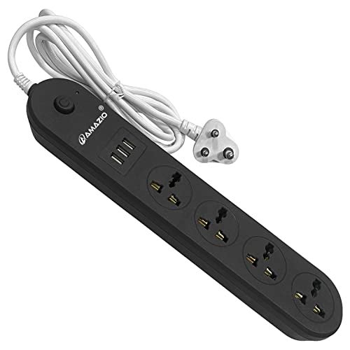 AMAZIO Extension Board with USB, 4 Universal Sockets & 3 Fast Charging USB Ports, 10A Power Strip with 1.9M Cord, Shock Proof & Fire Resistant Extension Board for Home, Office & Travel (Black) - Image 1
