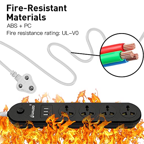 AMAZIO Extension Board with USB, 4 Universal Sockets & 3 Fast Charging USB Ports, 10A Power Strip with 1.9M Cord, Shock Proof & Fire Resistant Extension Board for Home, Office & Travel (Black) - Image 5