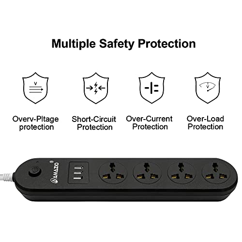 AMAZIO Extension Board with USB, 4 Universal Sockets & 3 Fast Charging USB Ports, 10A Power Strip with 1.9M Cord, Shock Proof & Fire Resistant Extension Board for Home, Office & Travel (Black) - Image 3