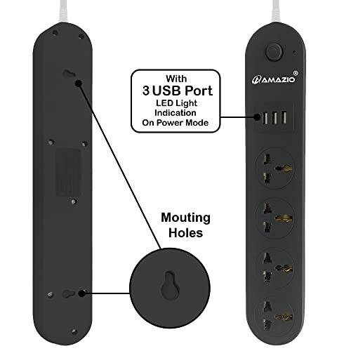 AMAZIO Extension Board with USB, 4 Universal Sockets & 3 Fast Charging USB Ports, 10A Power Strip with 1.9M Cord, Shock Proof & Fire Resistant Extension Board for Home, Office & Travel (Black) - Image 4
