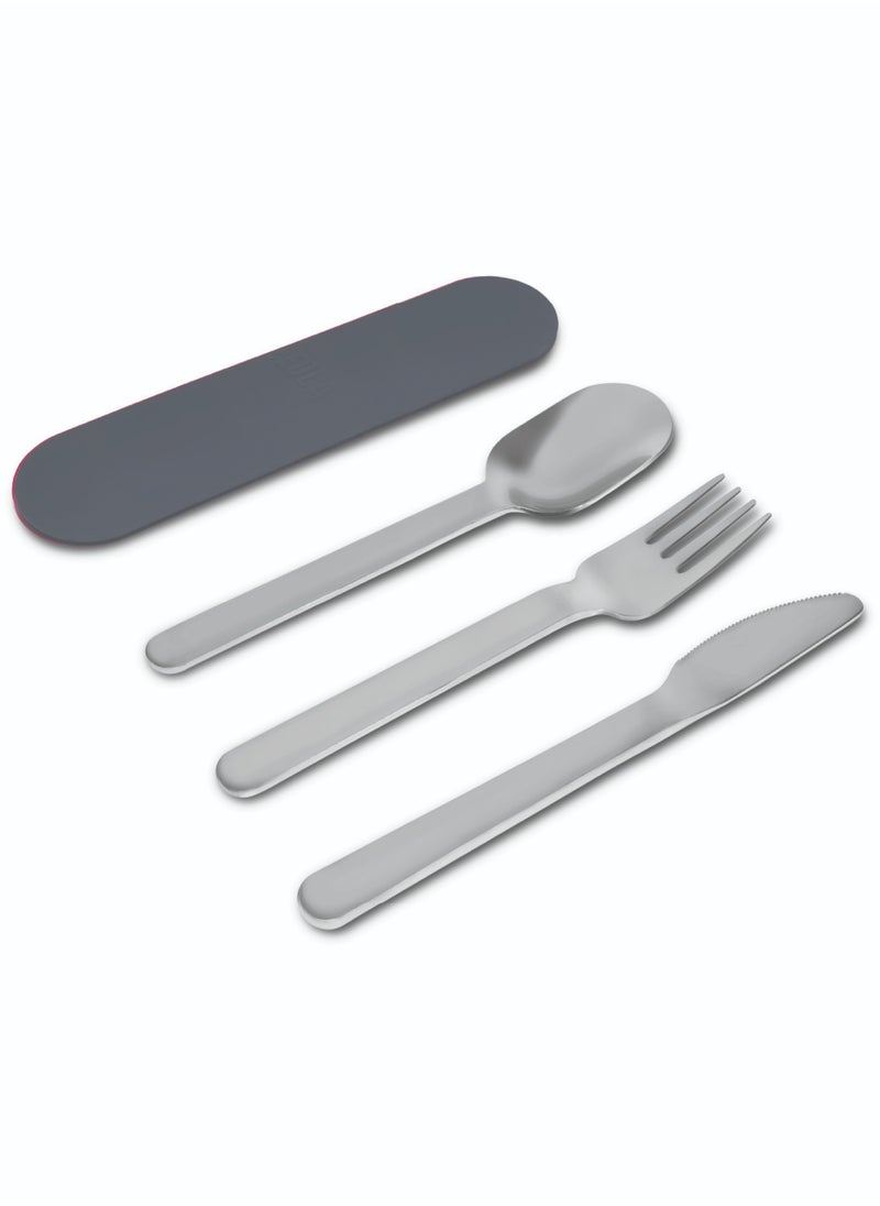 BEOLA Stainless Steel Cutlery Set, Travel Utensils Set with Silicone Case Pouch, Fork Spoon Knife Camping Set, Cutlery Set for Kids School, Set of 4 (Lava Gray)  - Image 2