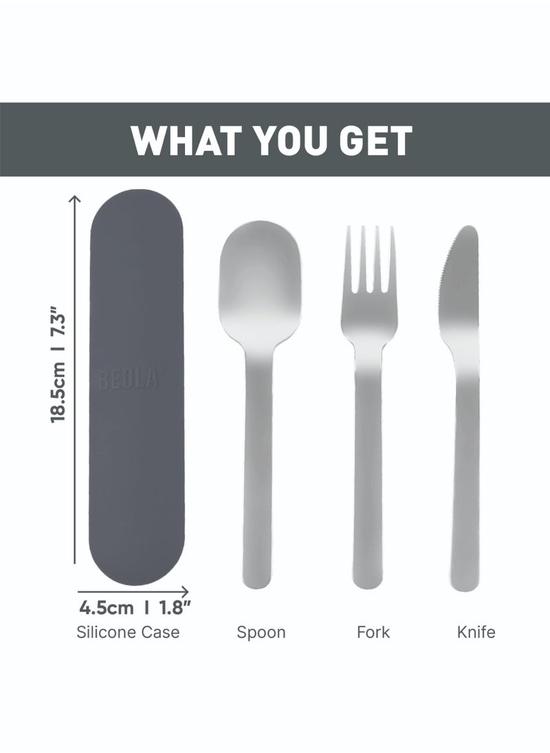BEOLA Stainless Steel Cutlery Set, Travel Utensils Set with Silicone Case Pouch, Fork Spoon Knife Camping Set, Cutlery Set for Kids School, Set of 4 (Lava Gray)  - Image 3