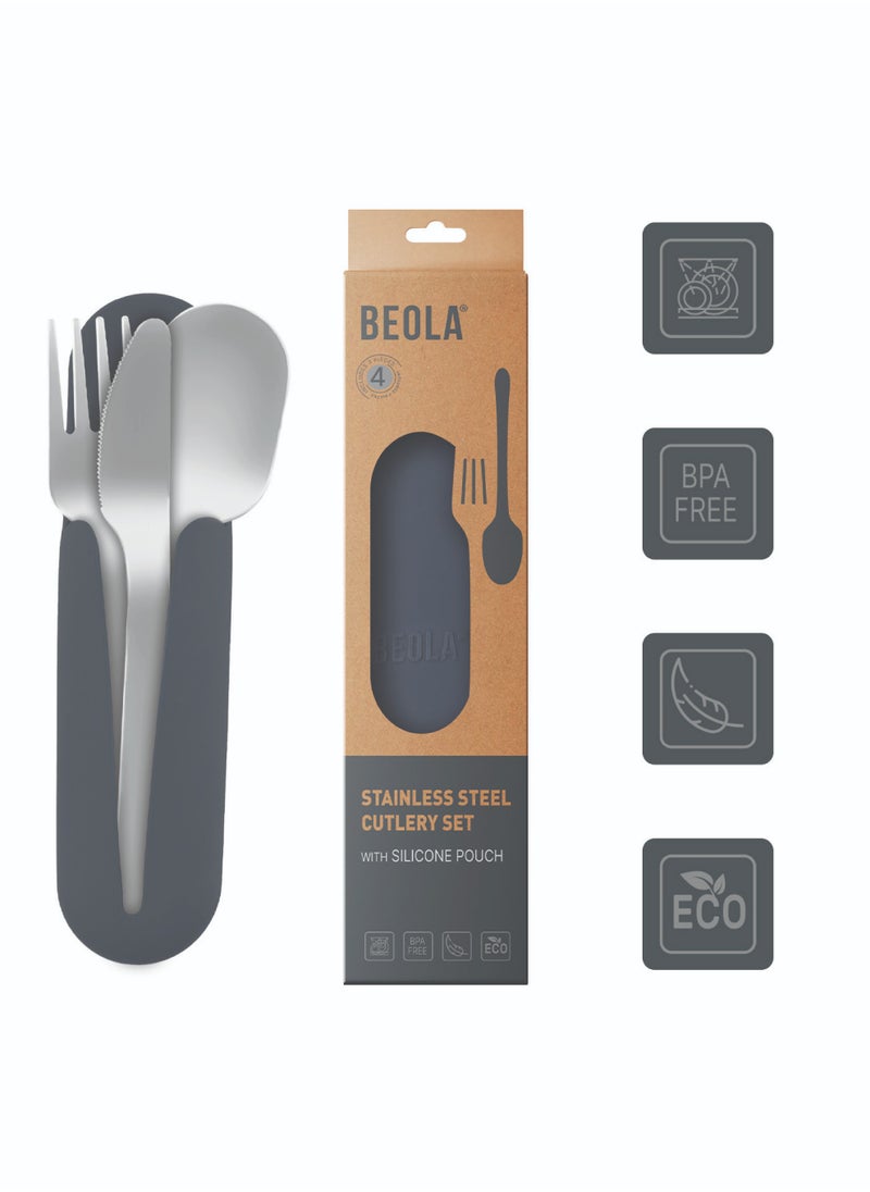 BEOLA Stainless Steel Cutlery Set, Travel Utensils Set with Silicone Case Pouch, Fork Spoon Knife Camping Set, Cutlery Set for Kids School, Set of 4 (Lava Gray)  - Image 4