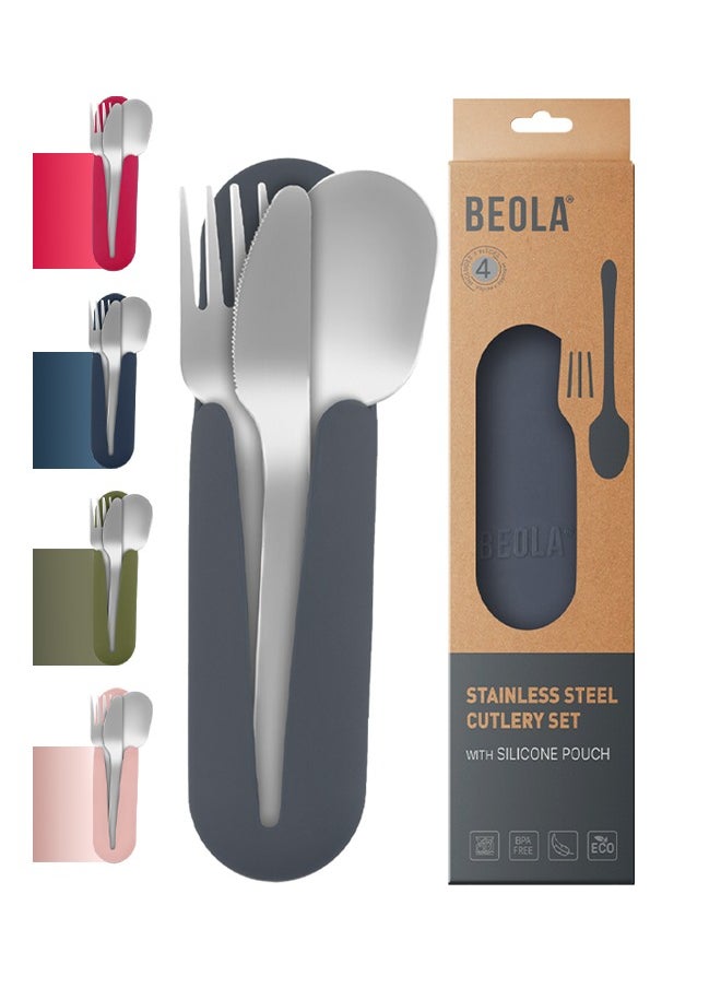 BEOLA Stainless Steel Cutlery Set, Travel Utensils Set with Silicone Case Pouch, Fork Spoon Knife Camping Set, Cutlery Set for Kids School, Set of 4 (Lava Gray)  - Image 1