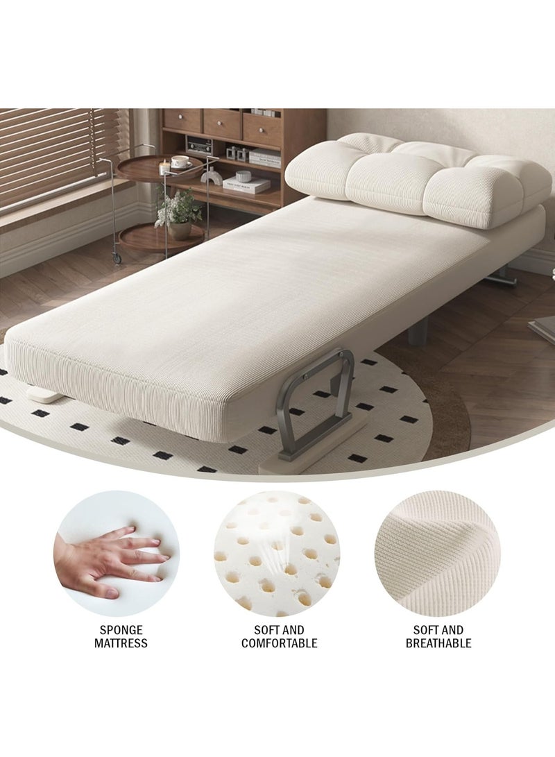 منزل منظم أريكة سرير قابلة للتحويل 3 في 1 مصنوعة من قماش الكوردروي، مسند ظهر قابل للتعديل بخمسة مستويات مع مساند للذراعين، مثالية للمساحات الضيقة، الاستوديو، المكتب، غرفة النوم (لون أبيض كريمي، عرض 65 سم) - Image 3