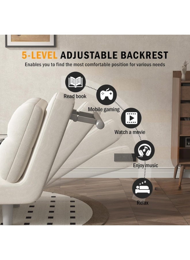 منزل منظم أريكة سرير قابلة للتحويل 3 في 1 مصنوعة من قماش الكوردروي، مسند ظهر قابل للتعديل بخمسة مستويات مع مساند للذراعين، مثالية للمساحات الضيقة، الاستوديو، المكتب، غرفة النوم (لون أبيض كريمي، عرض 65 سم) - Image 4
