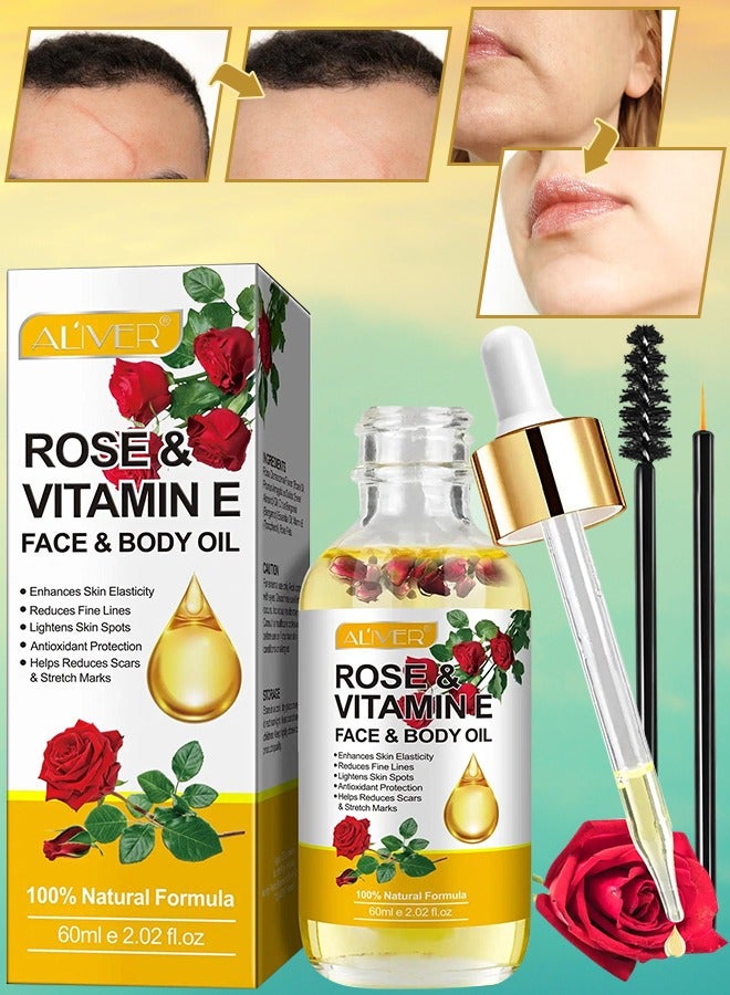 ALIVER زيت الوجه والجسم بالورد وفيتامين E 60 مل 100% طبيعي عضوي زيت الوجه والجسم بالورد تقليل الخطوط الدقيقة وتفتيح بقع الجلد مضاد للأكسدة تقليل الندوب وعلامات التمدد تغذية البشرة ومكافحة الشيخوخة - Image 1