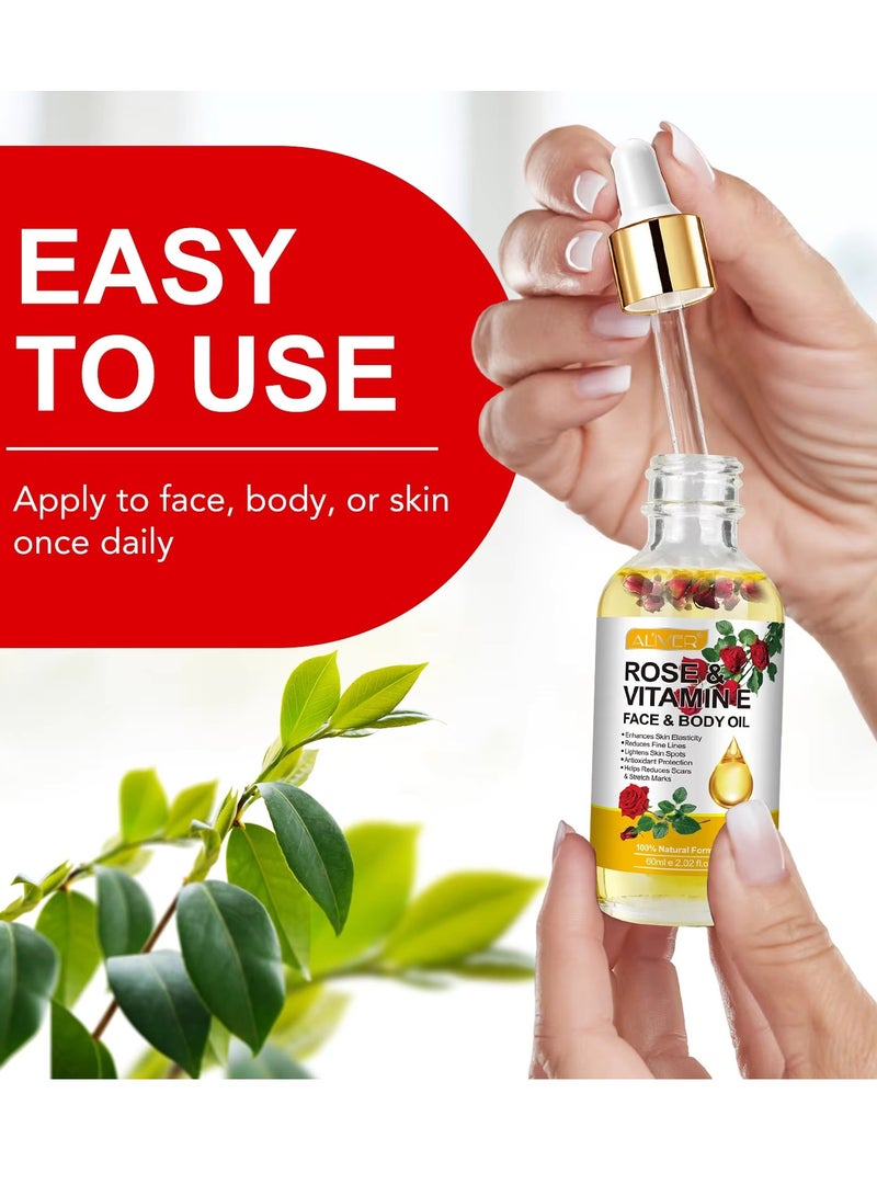 ALIVER زيت الوجه والجسم بالورد وفيتامين E 60 مل 100% طبيعي عضوي زيت الوجه والجسم بالورد تقليل الخطوط الدقيقة وتفتيح بقع الجلد مضاد للأكسدة تقليل الندوب وعلامات التمدد تغذية البشرة ومكافحة الشيخوخة - Image 5