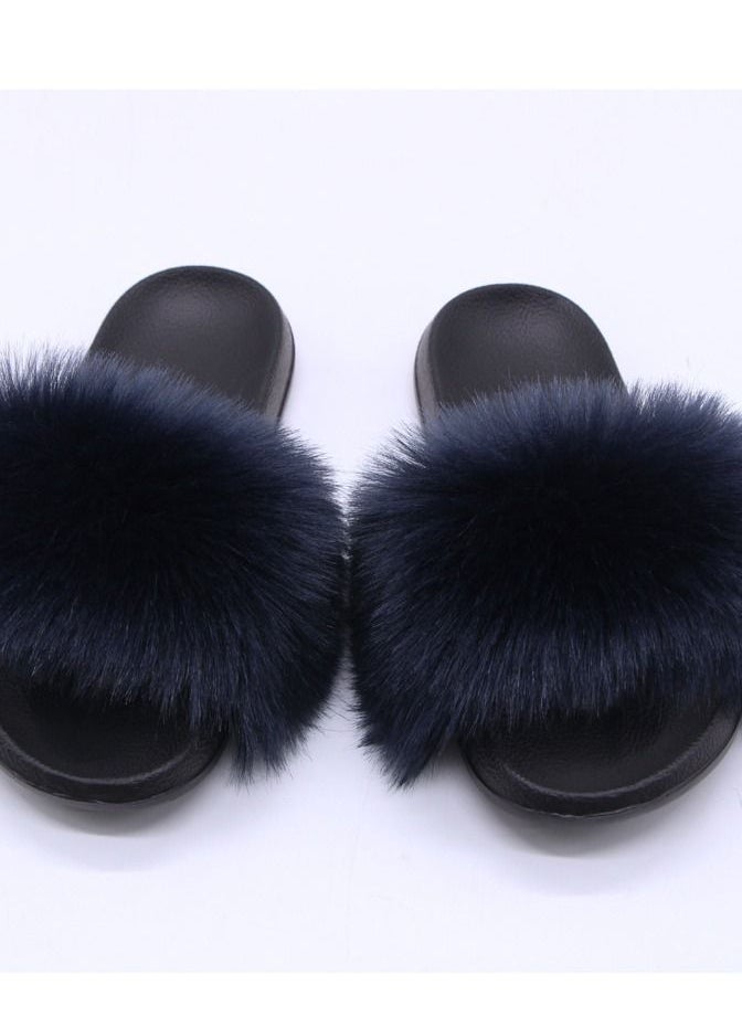 Loquat Stylish Women Faux Fur Open Toe Flat Slippers Sandals Non Slip Homewear Shoes 