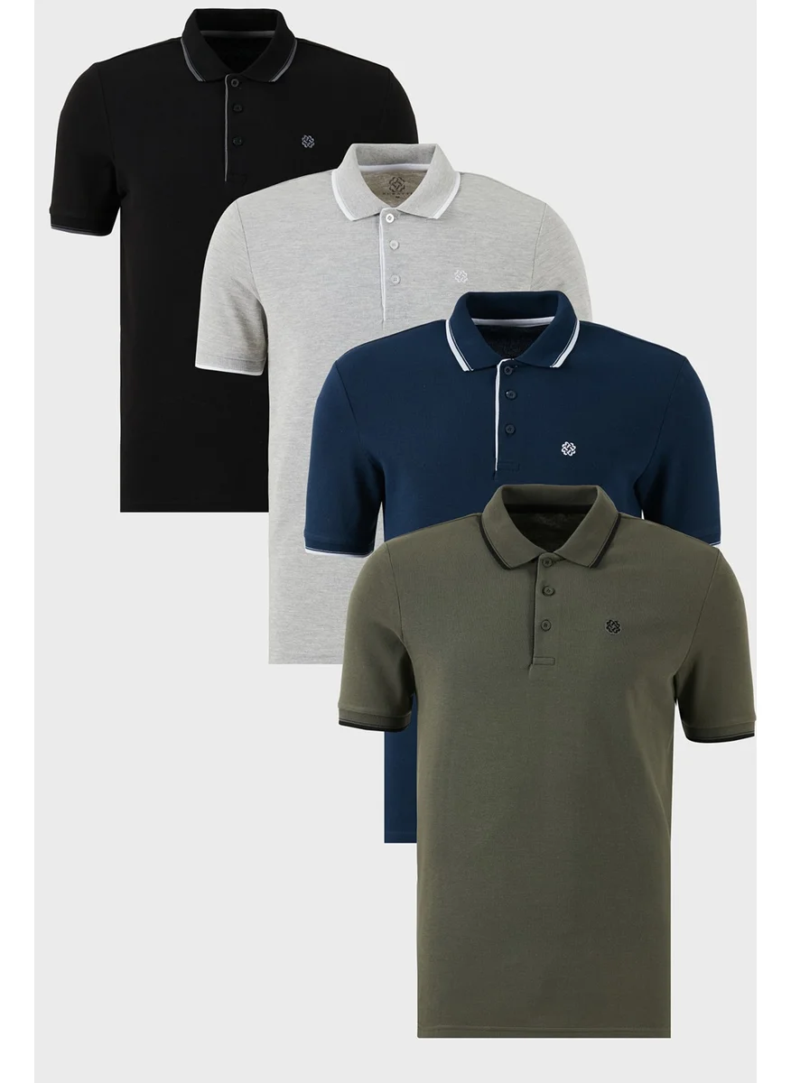 Buratti Cotton Slim Fit Stripe Detailed Buttoned Polo Collar 4-Piece T Shirt Men's T Shirt 5902118S4
