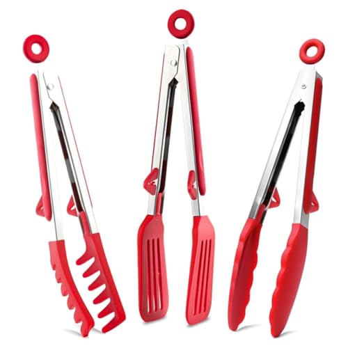 PRONTOPAL Kitchen Tongs Set of 3, Stainless Steel Cooking Tongs with Silicone Tips for Nonstick Cookware, BBQ Locking Food Tongs for Pasta, Salad, Steak, Frying, Serving (RED) - Image 1