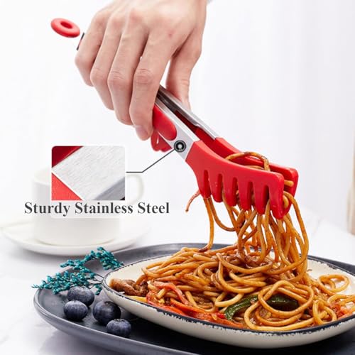 PRONTOPAL Kitchen Tongs Set of 3, Stainless Steel Cooking Tongs with Silicone Tips for Nonstick Cookware, BBQ Locking Food Tongs for Pasta, Salad, Steak, Frying, Serving (RED) - Image 5