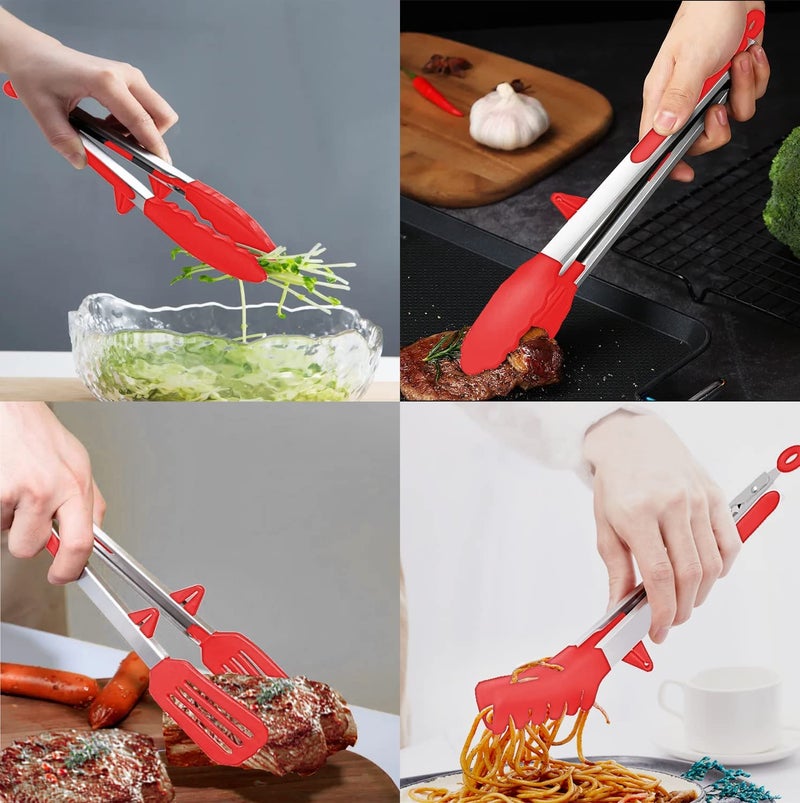 PRONTOPAL Kitchen Tongs Set of 3, Stainless Steel Cooking Tongs with Silicone Tips for Nonstick Cookware, BBQ Locking Food Tongs for Pasta, Salad, Steak, Frying, Serving (RED) - Image 2