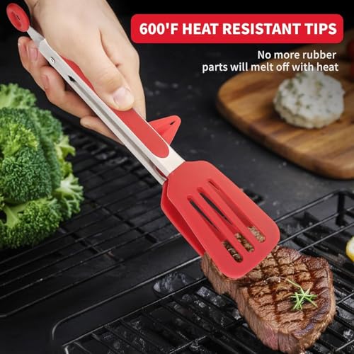 PRONTOPAL Kitchen Tongs Set of 3, Stainless Steel Cooking Tongs with Silicone Tips for Nonstick Cookware, BBQ Locking Food Tongs for Pasta, Salad, Steak, Frying, Serving (RED) - Image 4