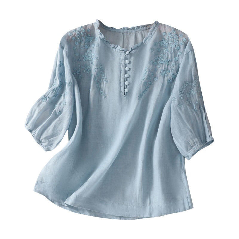 Arrival Plus Size Artistic All-Match Design Embroidered Seven-Sleeve Shirt Women'S Solid Color Cotton And Linen Top - Image 5
