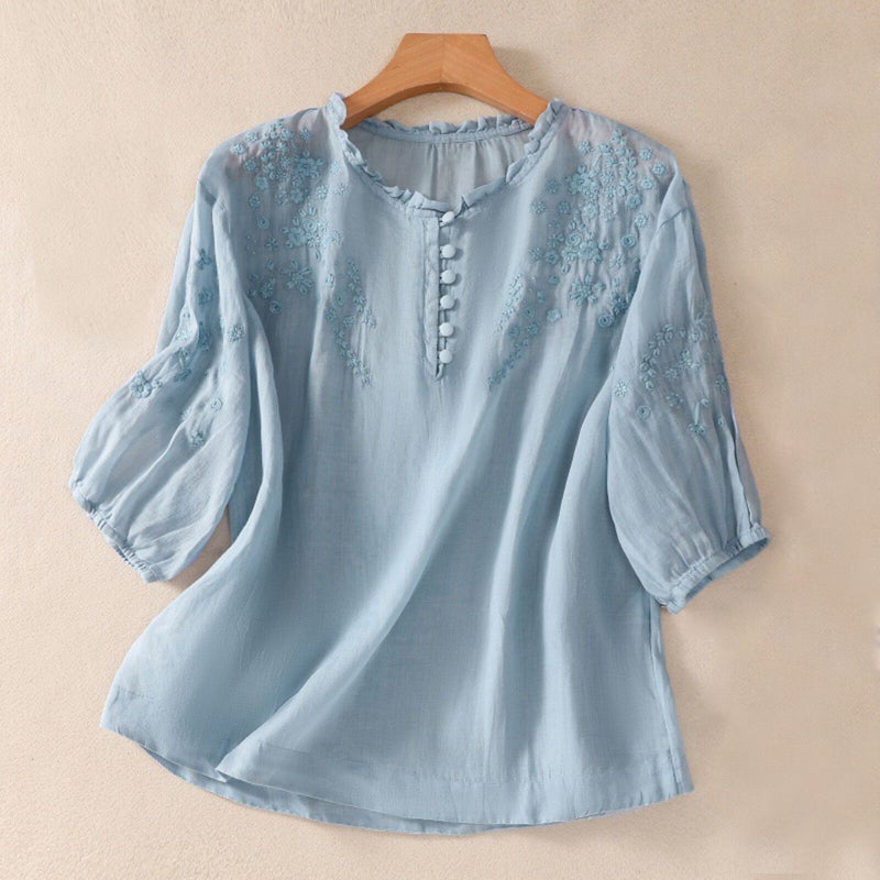 Arrival Plus Size Artistic All-Match Design Embroidered Seven-Sleeve Shirt Women'S Solid Color Cotton And Linen Top - Image 2