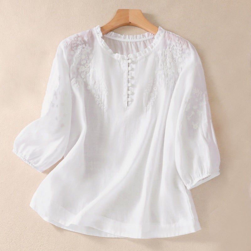 Arrival Plus Size Artistic All-Match Design Embroidered Seven-Sleeve Shirt Women'S Solid Color Cotton And Linen Top - Image 4
