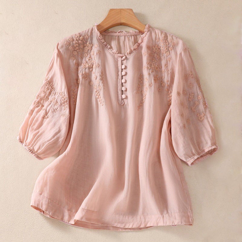 Arrival Plus Size Artistic All-Match Design Embroidered Seven-Sleeve Shirt Women'S Solid Color Cotton And Linen Top - Image 3