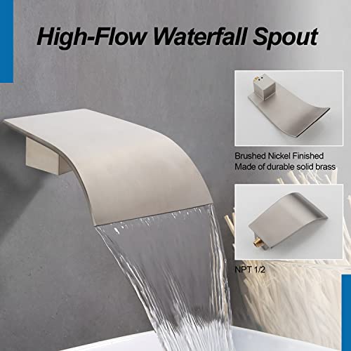 AZOS High Flow Tub Spout Wall Mounted Bathtub Faucet Filler Waterfall Spout for Bathroom Sink and Tub Shower, Tub Waterfall Sprayer Brushed Nickel - Image 4