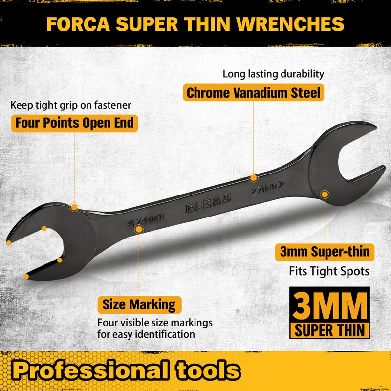 ELEAD مجموعة مفاتيح ربط مفتوحة رفيعة للغاية من Elead | 10 قطع مترية 5.5-27 ملم | تصميم نحيف مطلي بالنيكل | 5.5 7 8 9 10 11 12 13 14 15 16 17 18 19 20 21 22 23 24 27 ملم - Image 3