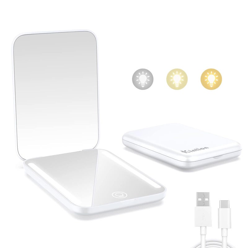 Kintion Rechargeable Pocket Mirror Double Sided 1X3X Magnification Compact Vanity Mirror 3 Color Lights Dimmable Small Portable Wallet Mirror Lighted Travel Mirror for Women Gifts White