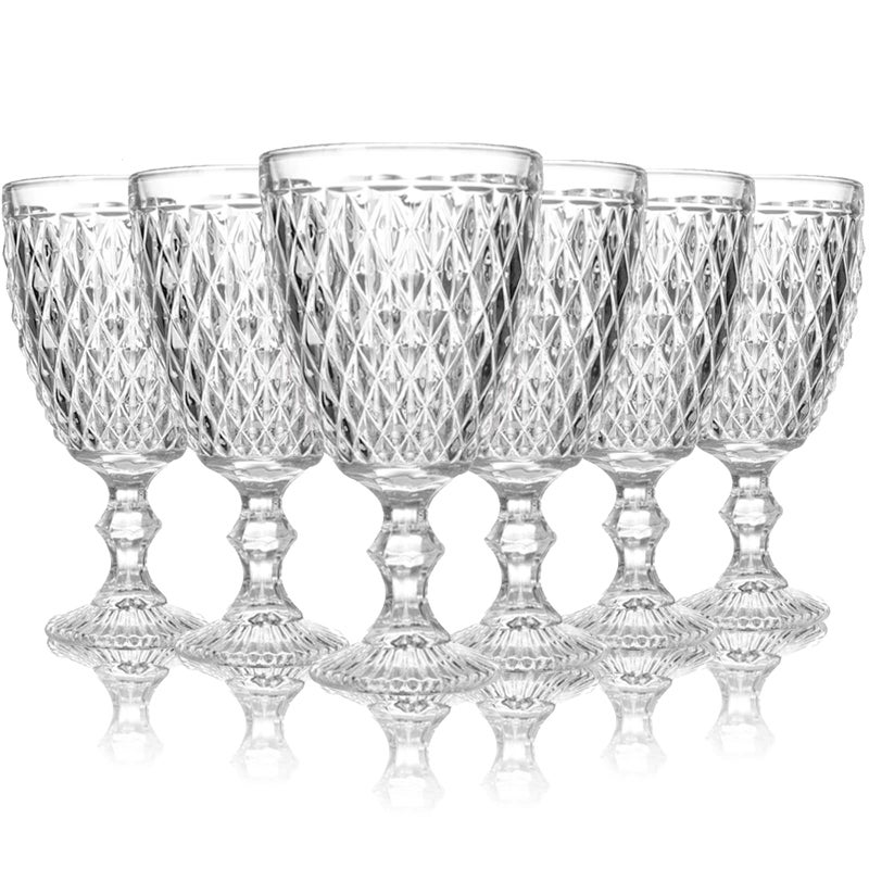ZOOFOX Set of 6 Water Goblet Glasses 10 oz Stemmed Wine Glasses with Embossed Design Vintage Drinking Glassware for Anniversary Wedding Party Housewarming Gift