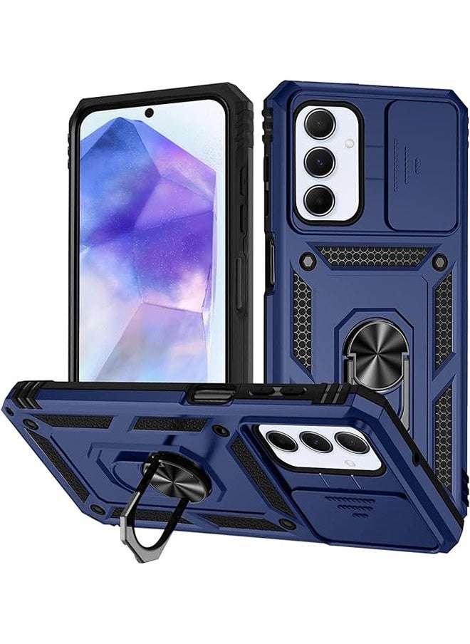 Generic Samsung A55 5G Case ,Shockproof Cases ,Anti-Fall Drop Protection ,Built-in Slide Anti-Scratch Camera Lens Cover,Integrated 360 Degree Rotating Ring Kickstand, Blue  - Image 1