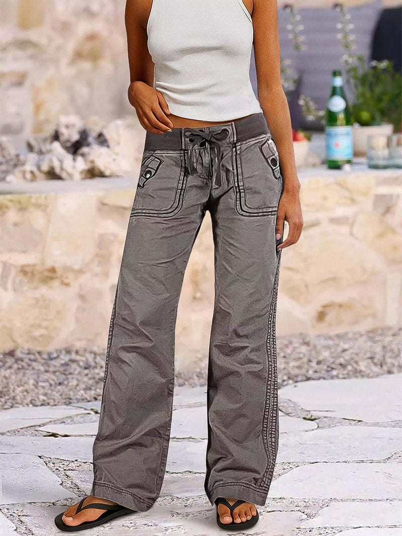Flamingals Straight Leg Pants for Women Drawstring Waist Mid Rise Casual Solid Seam Detail Pants Gray S - Image 5